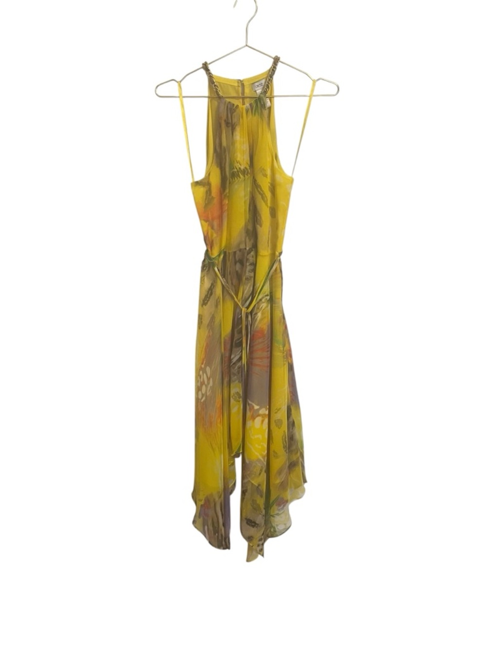 Cache Yellow Tropical Animal Print Chain Halter Handkerchief Hem Dress Size 6